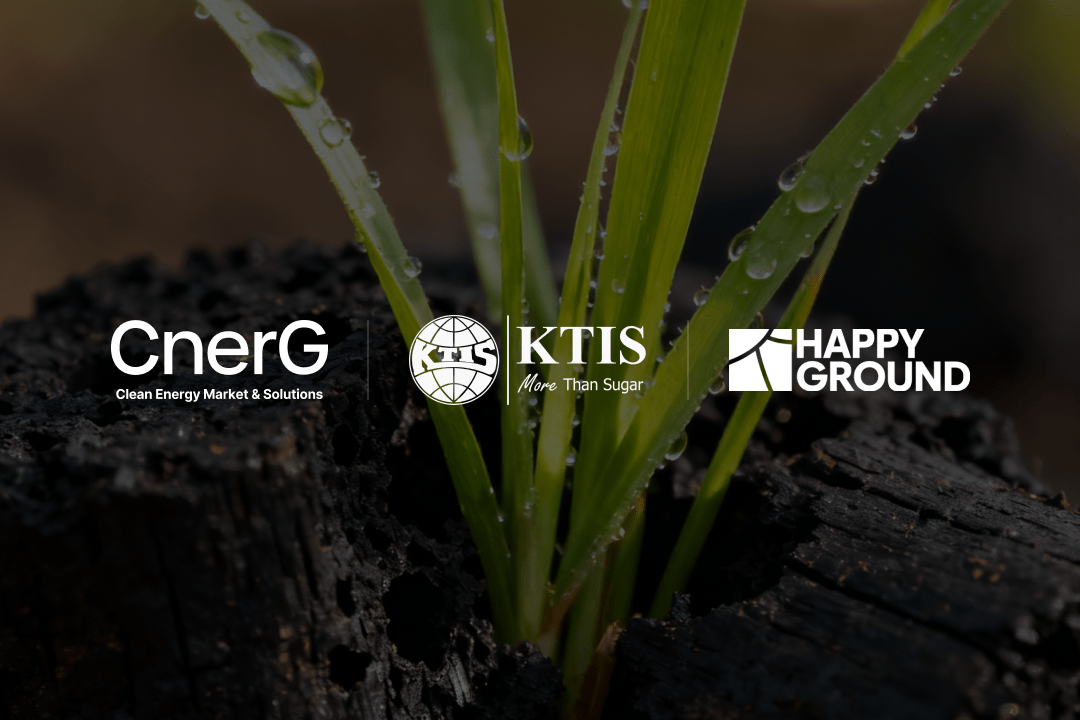 Young plant growing from biochar-enriched soil, with logos of CnerG, KTIS, and Happy Ground